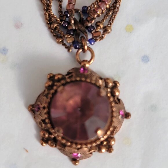 SATELLITE PARIS VINTAGE AMETHYST FACETED GLASS STONE PENDANT W/COPPER NECKLACE - Picture 3 of 7